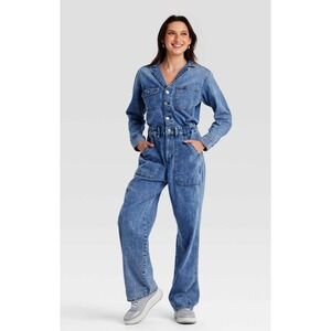 Universal Thread Denim Jumpsuit Wide Leg Long‎ Sleeve Blue 2/R Utility Casual